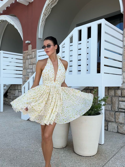 Chiffon Dress in White with Yellow Flowers