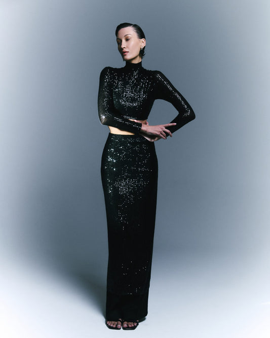 Sequin Maxi Skirt in Black