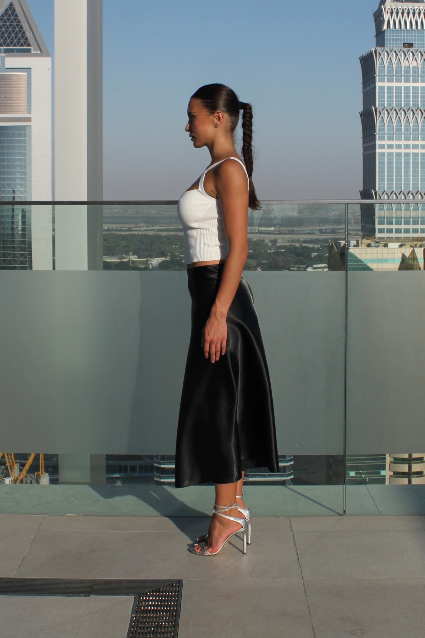 Midi Satin Skirt in Black