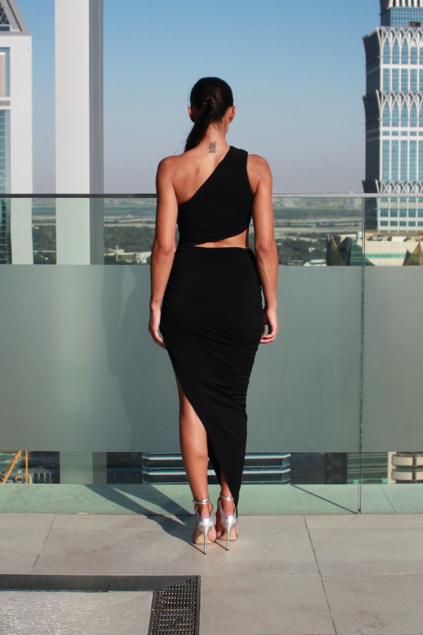 Draped Jersey Cutout Midi Dress in Black