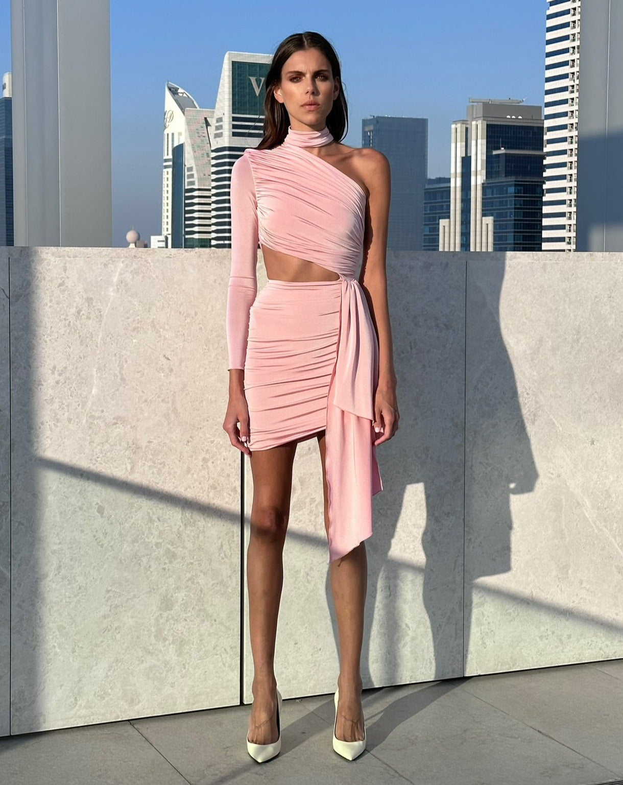 Draped Jersey Cutout Mini Dress with Choker in Pink