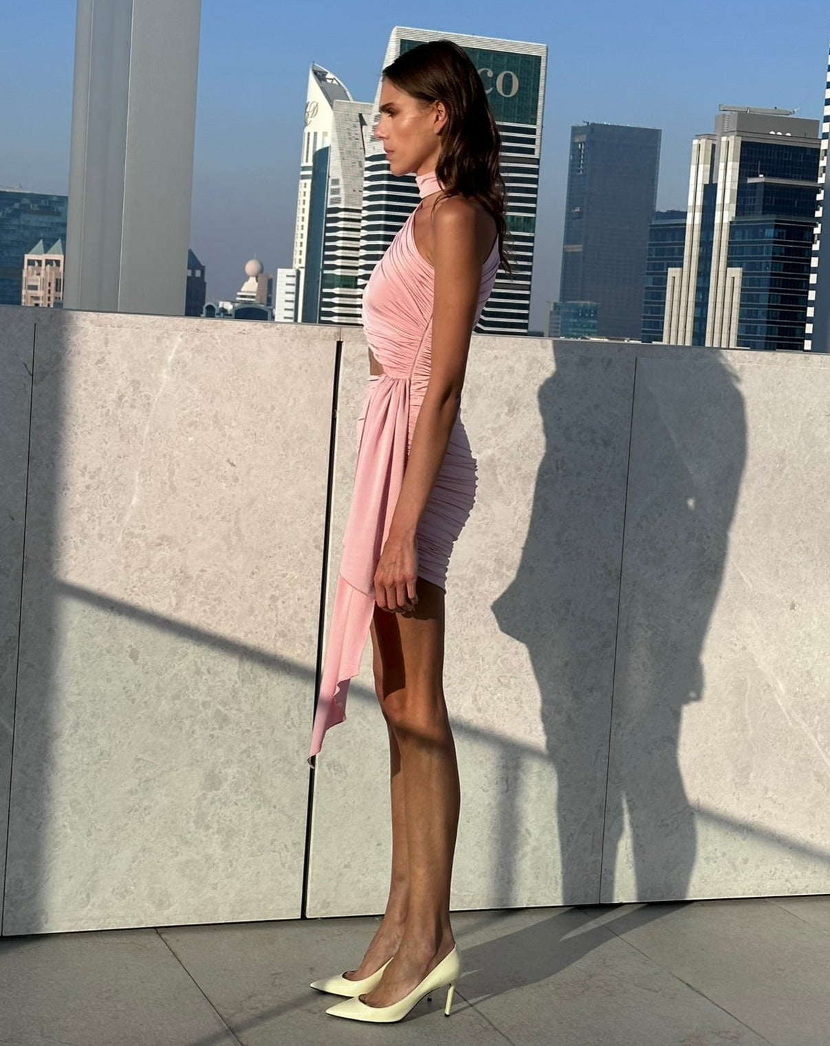 Draped Jersey Cutout Mini Dress with Choker in Pink